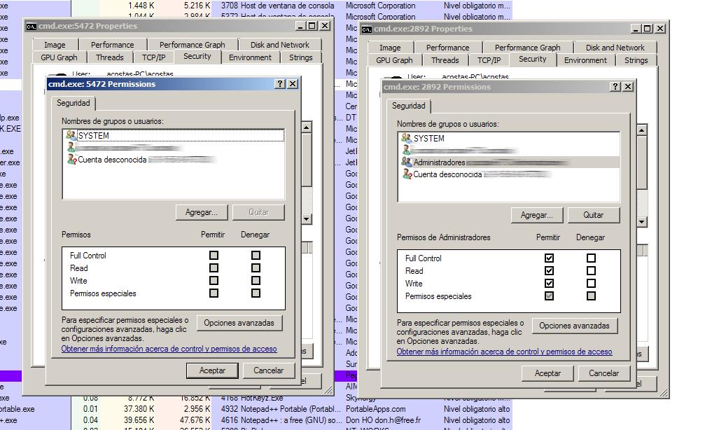 Снимок экрана Process Explorer, показывающий различия в правах доступа пользователей к процессам