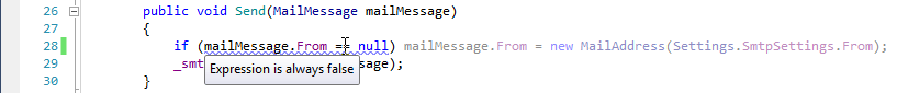 ReSharper указывает, что mailMessage.From == ноль всегда ложно