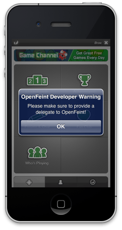 Предупреждение разработчика OpenFeint: Пожалуйста, убедитесь, что предоставили делегата OpenFeint