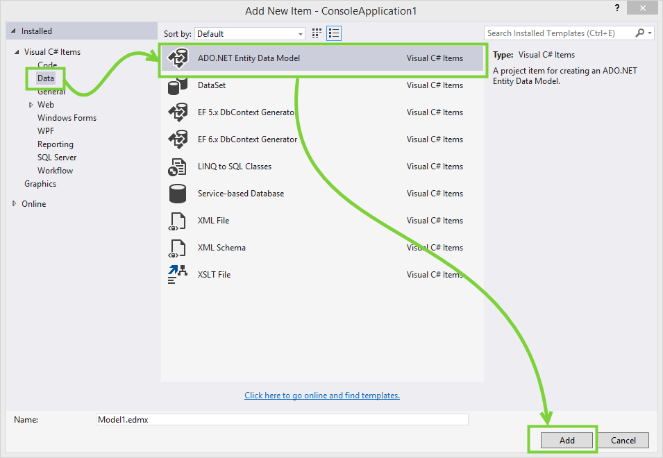 Добавить модель данных сущности ADO.NET