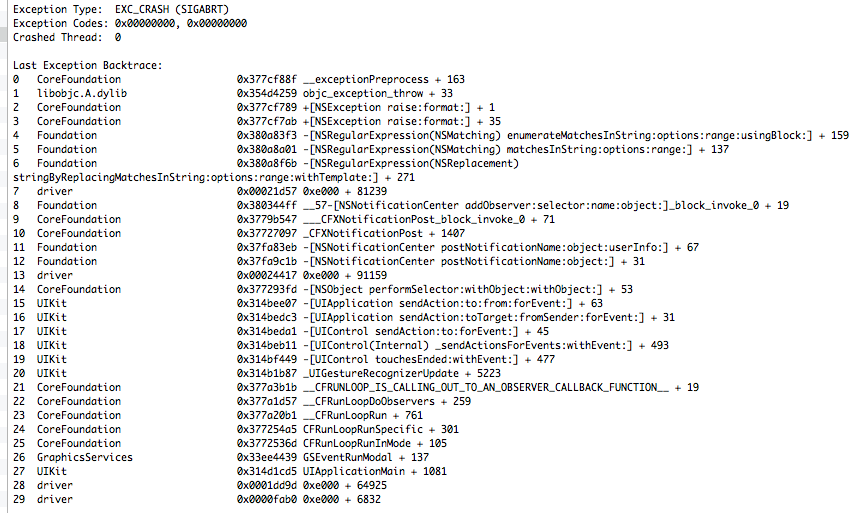 Пример отчета о сбое из журналов устройства iphone