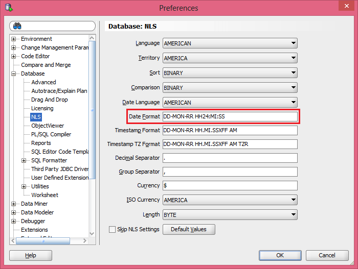 Изменение настроек формата даты в Oracle SQL Developer
