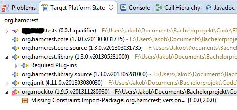 Состояние целевой платформы: присутствует и подголовник, и mockito, но по утверждению mockito отсутствует импортированный пакет org.hamcrest