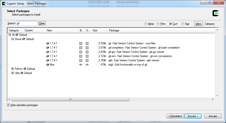 выбор пакета git на Cygwin