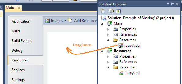 Перетащите связанное изображение из ресурсов * Main * проекта Solution Explorer на панель просмотра вкладки ресурсов * Main * проекта