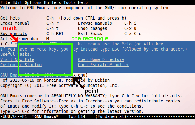 скриншот emacs с выделенной меткой, точкой и прямоугольником