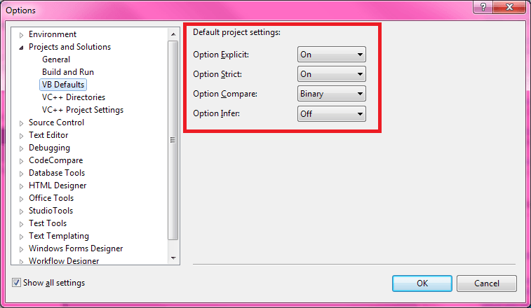 VS Options - Проекты и решения - VB Defaults - Настройки проекта по умолчанию