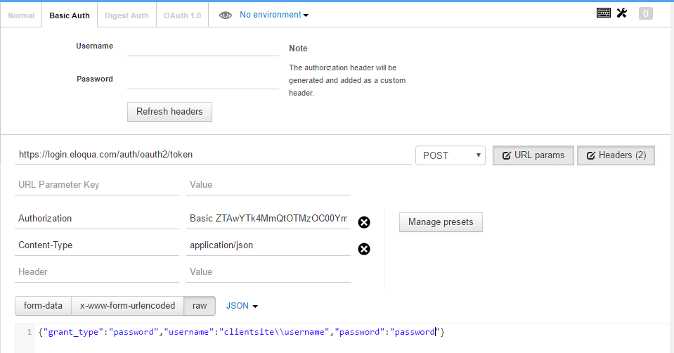 Настройки POSTMAN для аутентификации Eloqua oAUTH 2.0