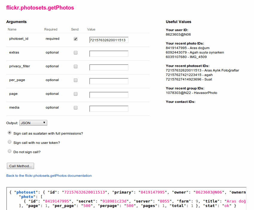 Страница Flickr API Explorer