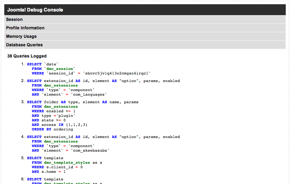 Joomla! Консоль отладки - база данных / SQL-запросы