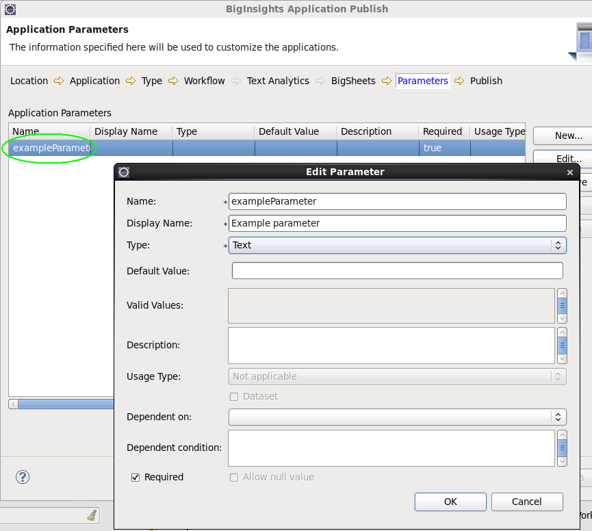 Мастер публикации приложений BigInsights показывает пример редактируемого параметра