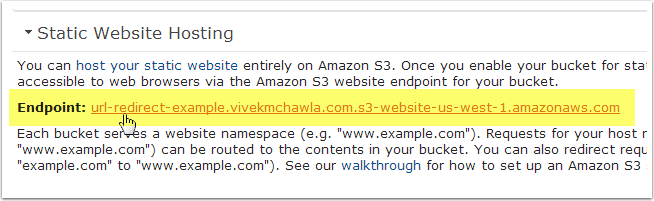 Запишите конечную точку вашего Redirect Bucket