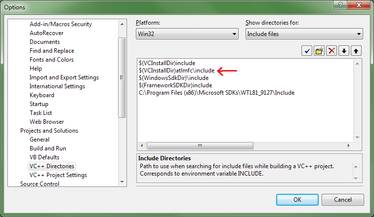 Параметры Visual Studio - Проекты и решения - Каталоги VC++ - Включаемые файлы Win32