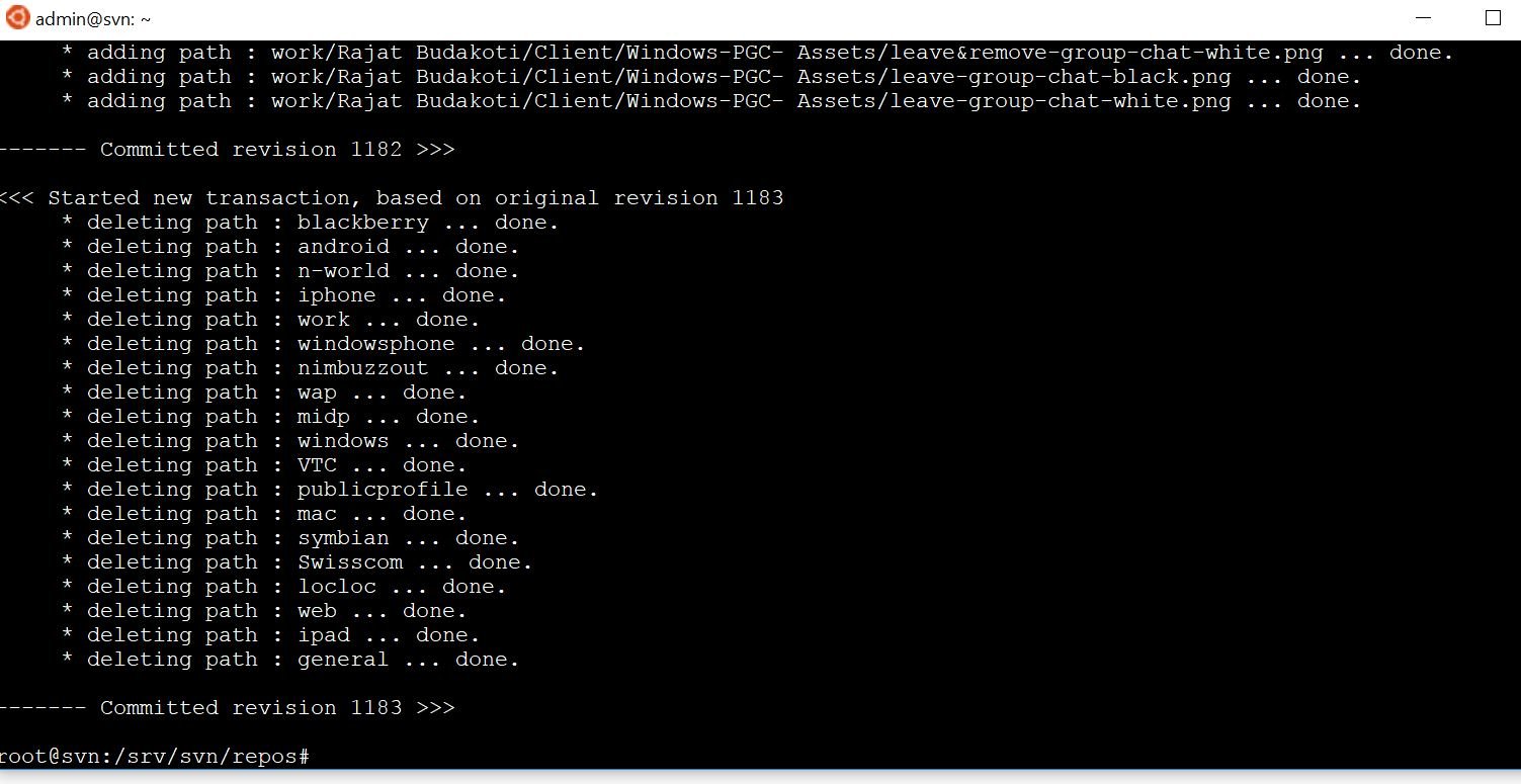 svn admin зафиксирует 1182 и начнет удалять с ревизии 1183 все подтвержденные директории