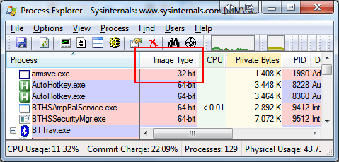 Битность в Process Explorer