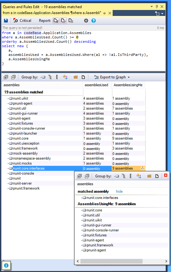 Собирает зависимости с помощью NDepend