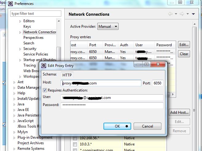 Снимок экрана с настройкой прокси в Eclipse
