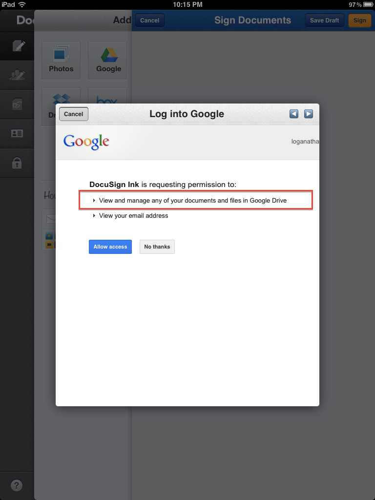 DocuSign Ink Страница доступа к Google Drive SDK