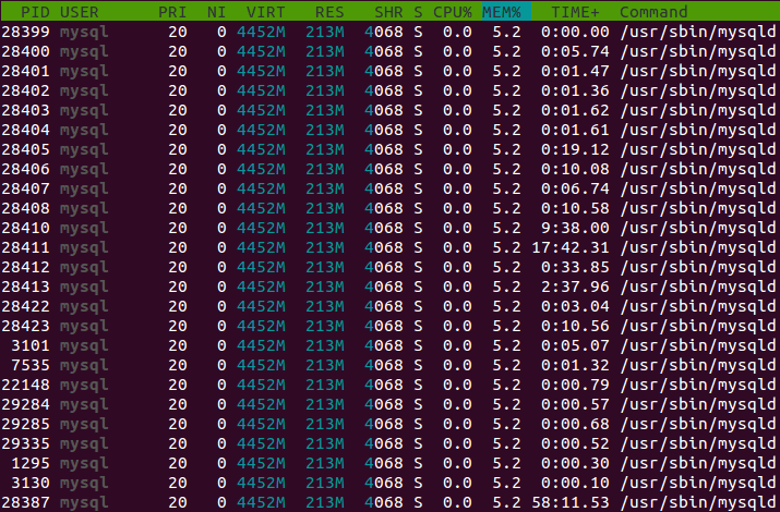 Вывод команды htop, показывающий потребление памяти MySql