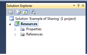 Обозреватель решений, показывающий пример решения, который содержит проект с именем * Resources