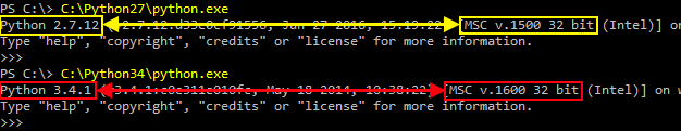Пример из командной строки, показывающий Python 2.7, скомпилированный с MSC v.1500 и Python 3.4.1, скомпилированный с MSC v.1600