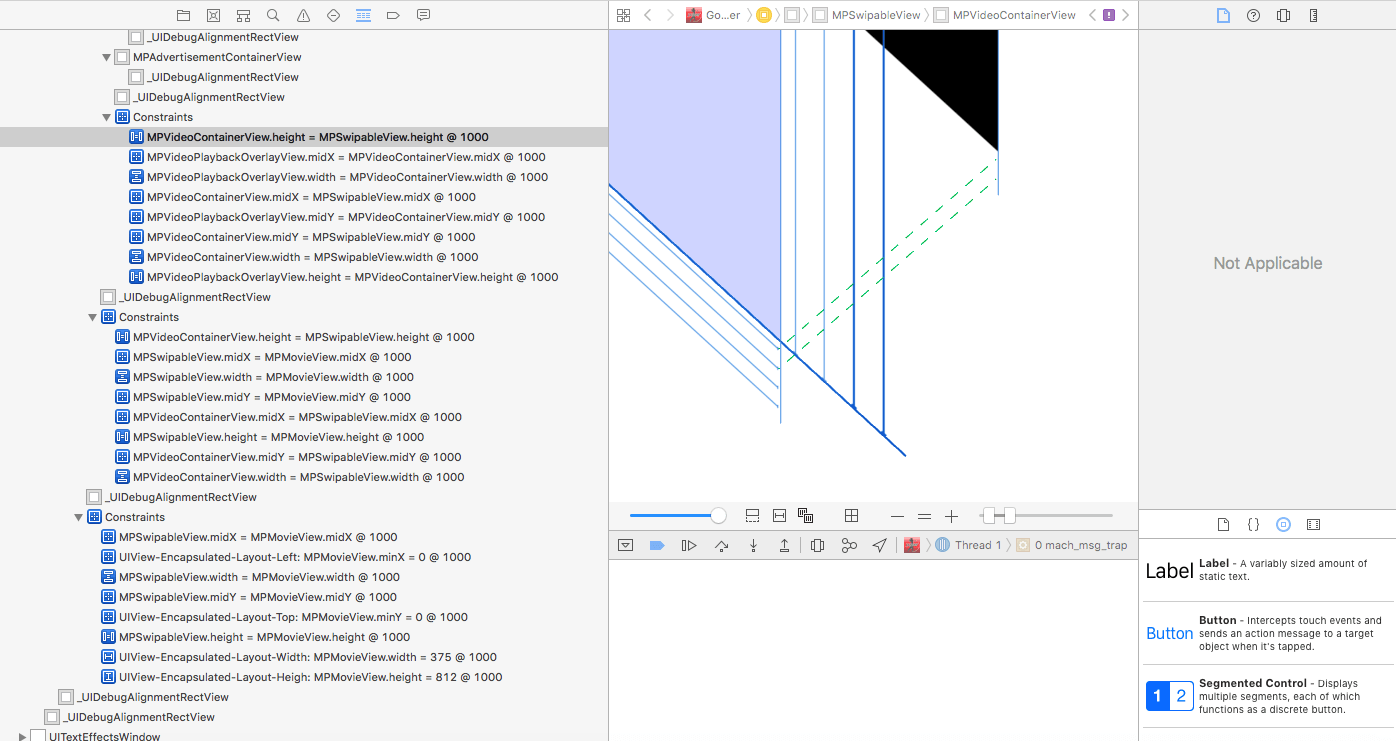 Снимок экрана для точки останова UIViewAlertForUnsatisfiableConstraints