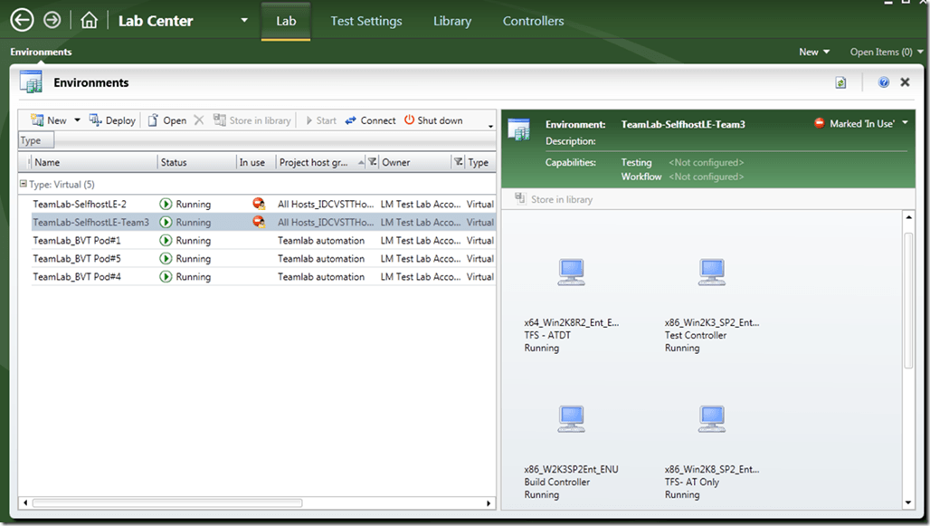 Снимок экрана: лабораторный центр в Microsoft Test Manager, в котором показаны среды