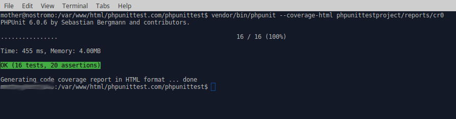 Терминальный скриншот вызова phpunit