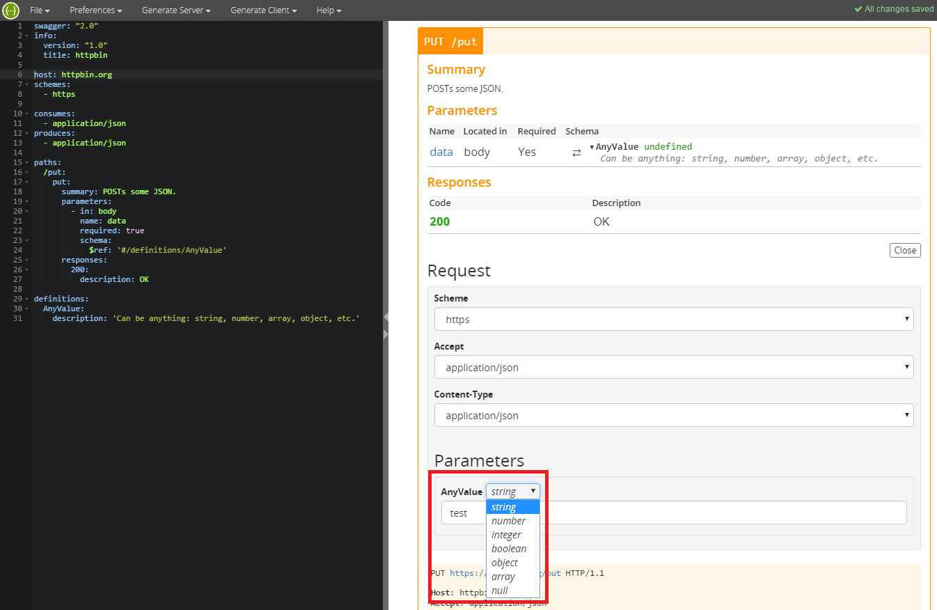 SwaggerEditor: Тестирование запроса PUT с телом произвольного типа