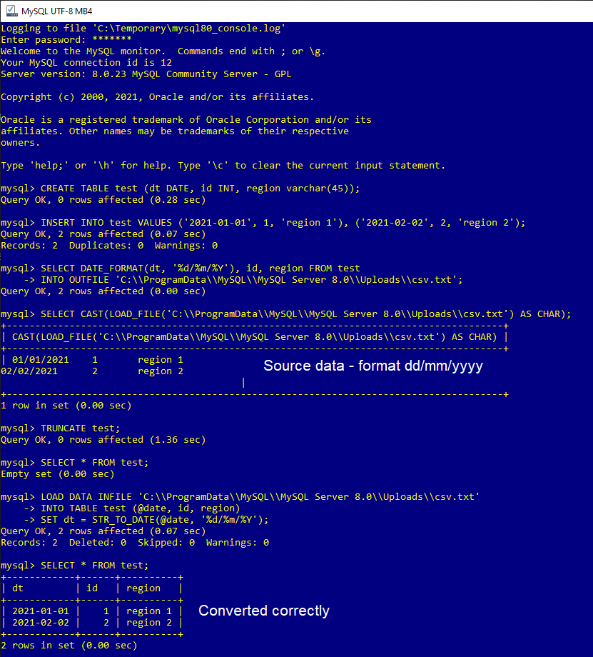 Io mysql. Date mysql. data load.
