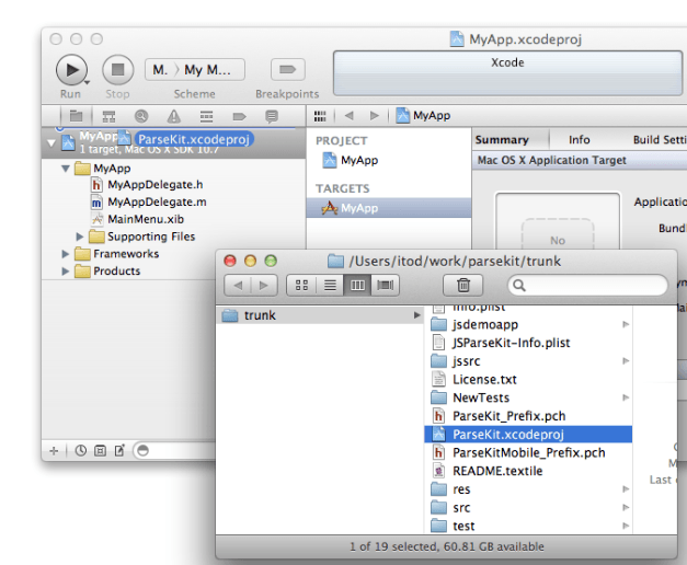 Перетащите проект ParseKit в навигатор проекта MyApp