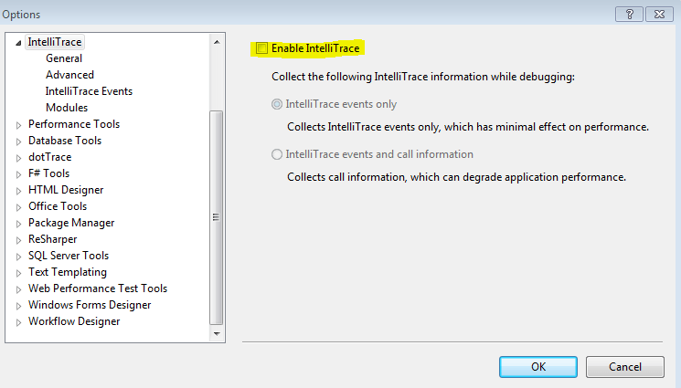 Отключить IntelliTrace в Visual Studio 2012