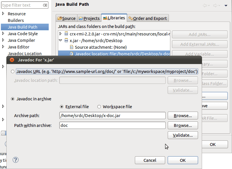 Настройка местоположения Javadoc в Eclipse