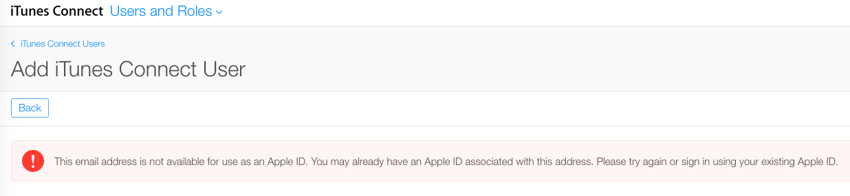 Добавить пользователя iTunes Connect ошибка