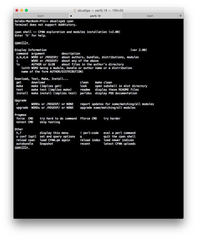 На прикрепленном снимке экрана я нахожусь в сеансе cpan и набираю 'help' и получаю ожидаемый результат, но, как вы можете видеть, слово help не отображается в командной строке
