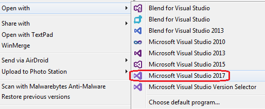 Исправлено изображение Visual Studio в Windows Open с помощью контекстного меню