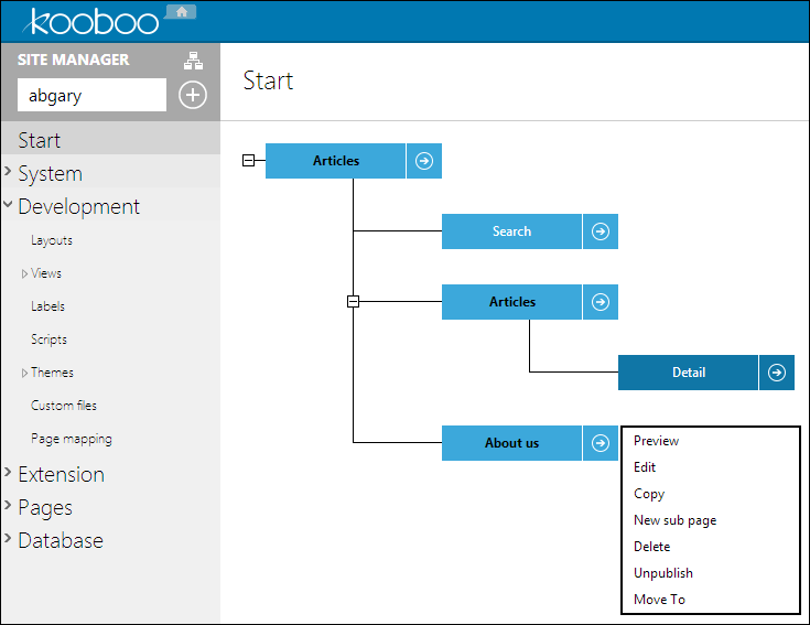 Интерфейс администрирования Kooboo