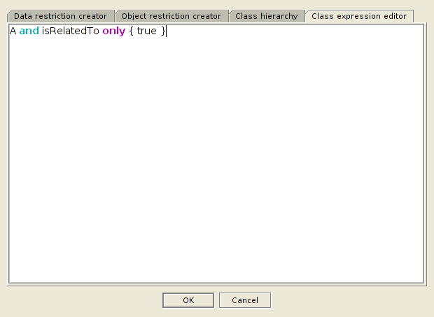 'A and isRelatedTo only {true}' в редакторе выражений класса Protégé